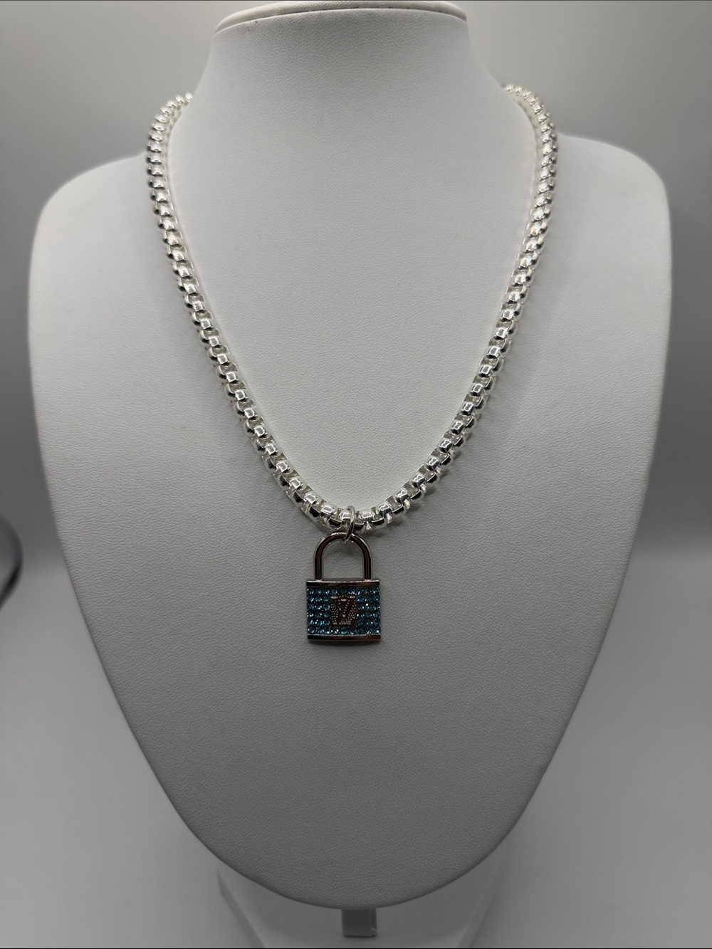 1482. Silver Chain w/ Blue Crystal Padlock Stamped Pendant 19” - 21 1/2”